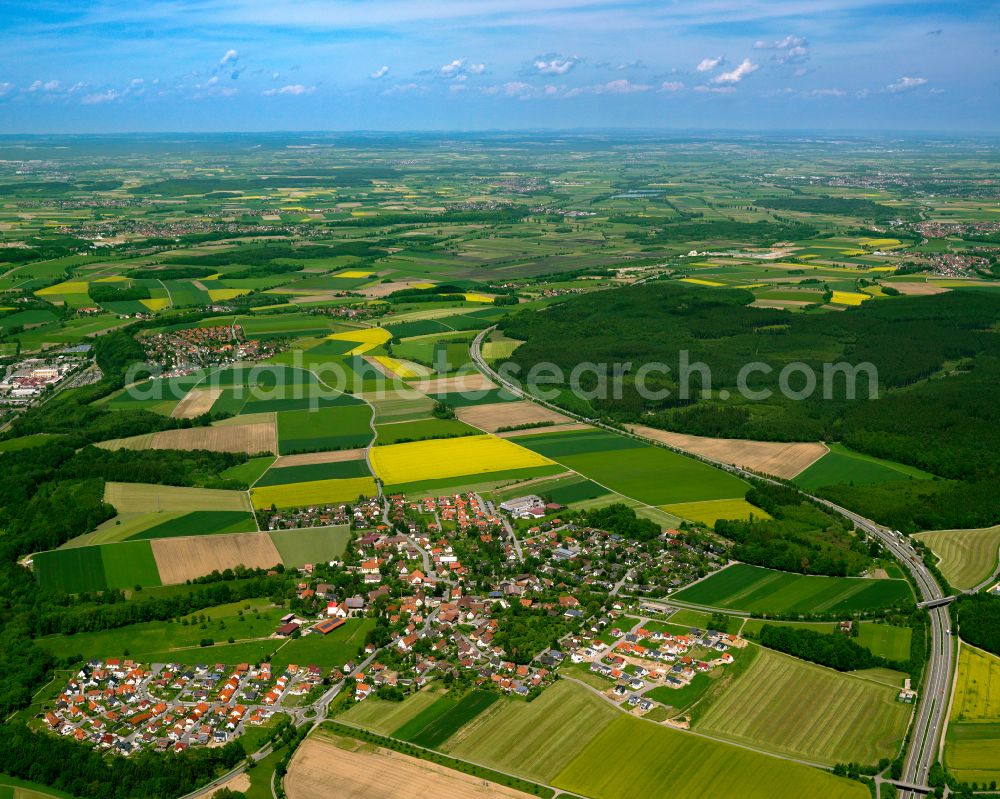 Biberach an der Riß from the bird's eye view: Urban area with outskirts and inner city area on the edge of agricultural fields and arable land in Biberach an der Riß in the state Baden-Wuerttemberg, Germany