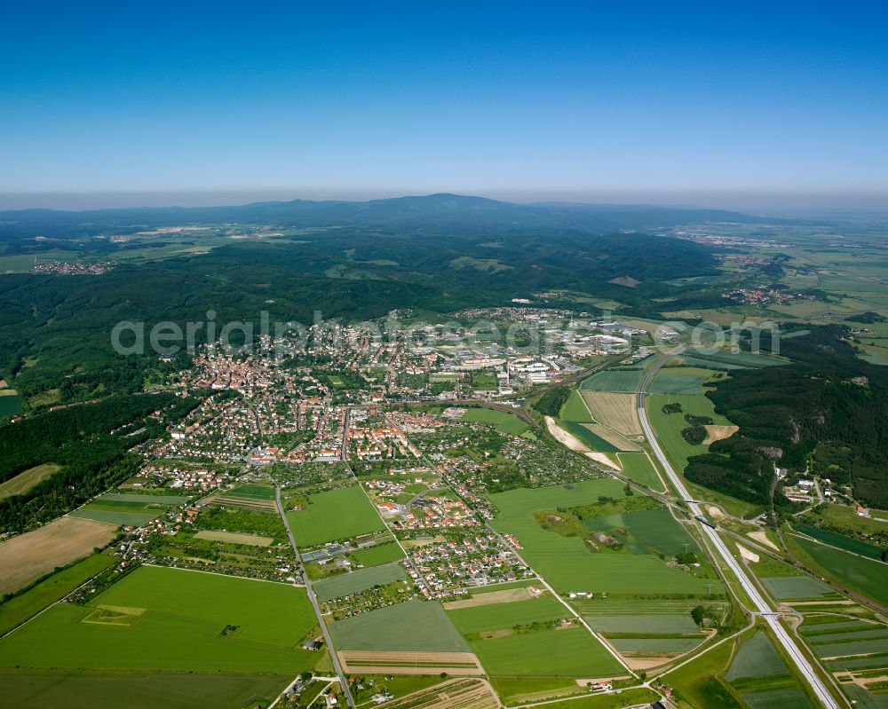 Blankenburg (Harz) from above - Urban area with outskirts and inner city area on the edge of agricultural fields and arable land in Blankenburg (Harz) in the state Saxony-Anhalt, Germany
