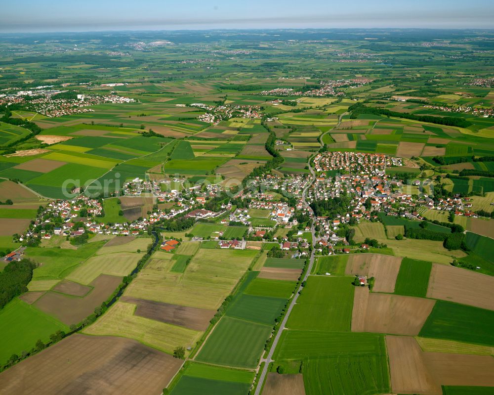 Burgrieden from above - Urban area with outskirts and inner city area on the edge of agricultural fields and arable land in Burgrieden in the state Baden-Wuerttemberg, Germany