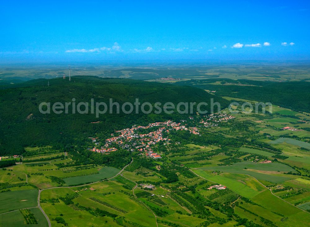 Dannenfels from the bird's eye view: Urban area with outskirts and inner city area on the edge of agricultural fields and arable land in Dannenfels in the state Rhineland-Palatinate, Germany