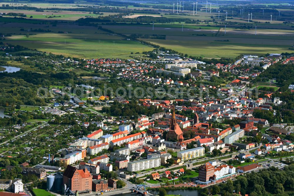 Demmin from the bird's eye view: Urban area with outskirts and inner city area on the edge of agricultural fields and arable land in Demmin in the state Mecklenburg - Western Pomerania, Germany