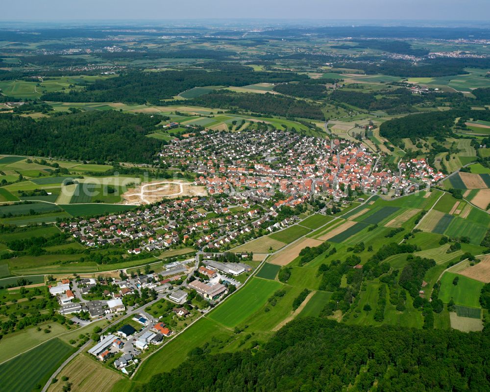 Gechingen from above - Urban area with outskirts and inner city area on the edge of agricultural fields and arable land in Gechingen in the state Baden-Wuerttemberg, Germany