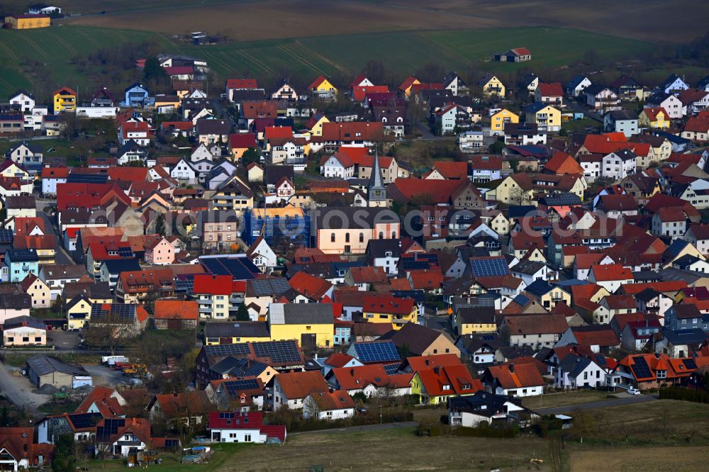 Gerchsheim from above - Urban area with outskirts and inner city area on the edge of agricultural fields and arable land in Gerchsheim in the state Baden-Wuerttemberg, Germany