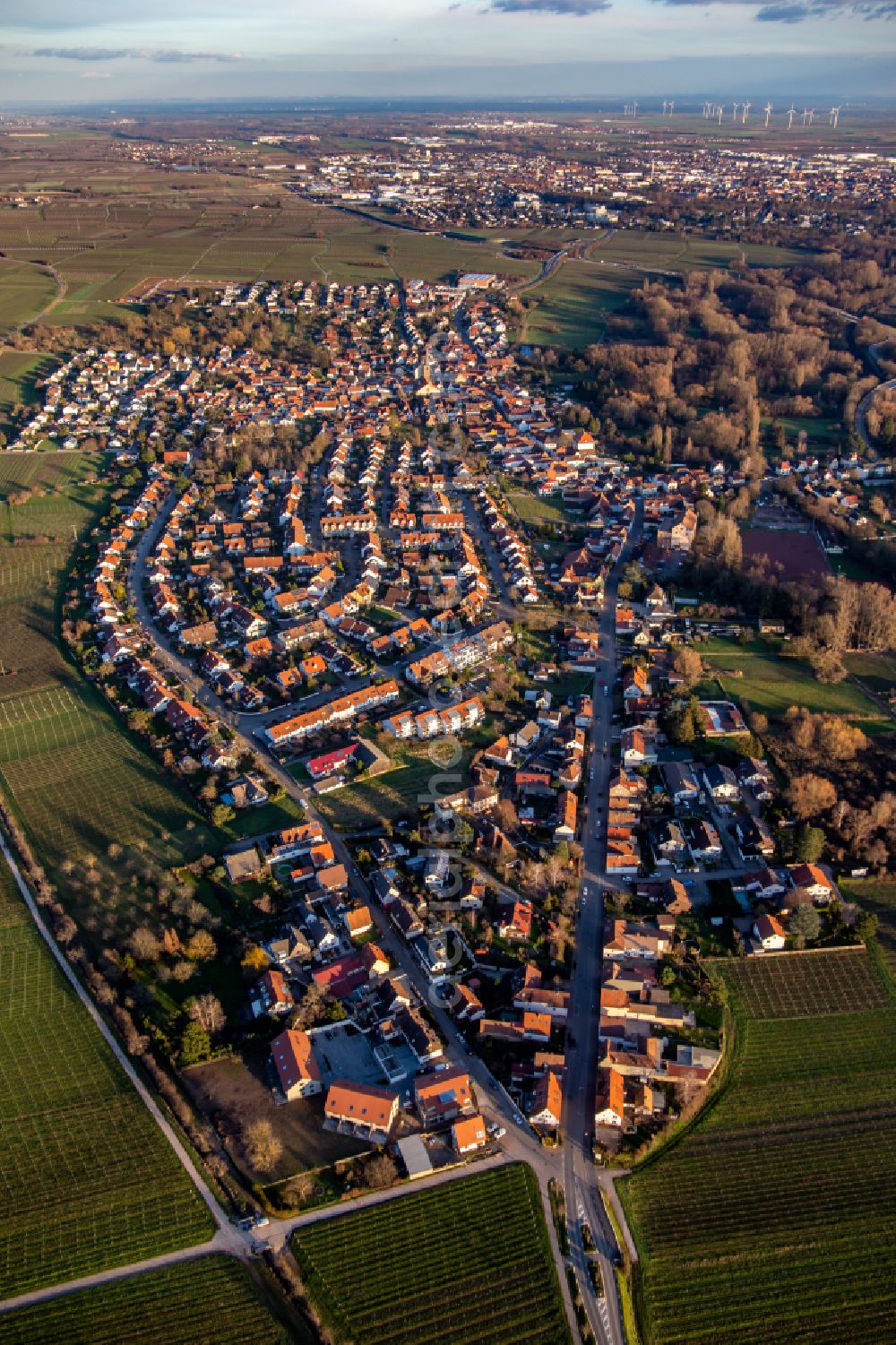 Godramstein from the bird's eye view: Urban area with outskirts and inner city area on the edge of agricultural fields and arable land in Godramstein in the state Rhineland-Palatinate, Germany