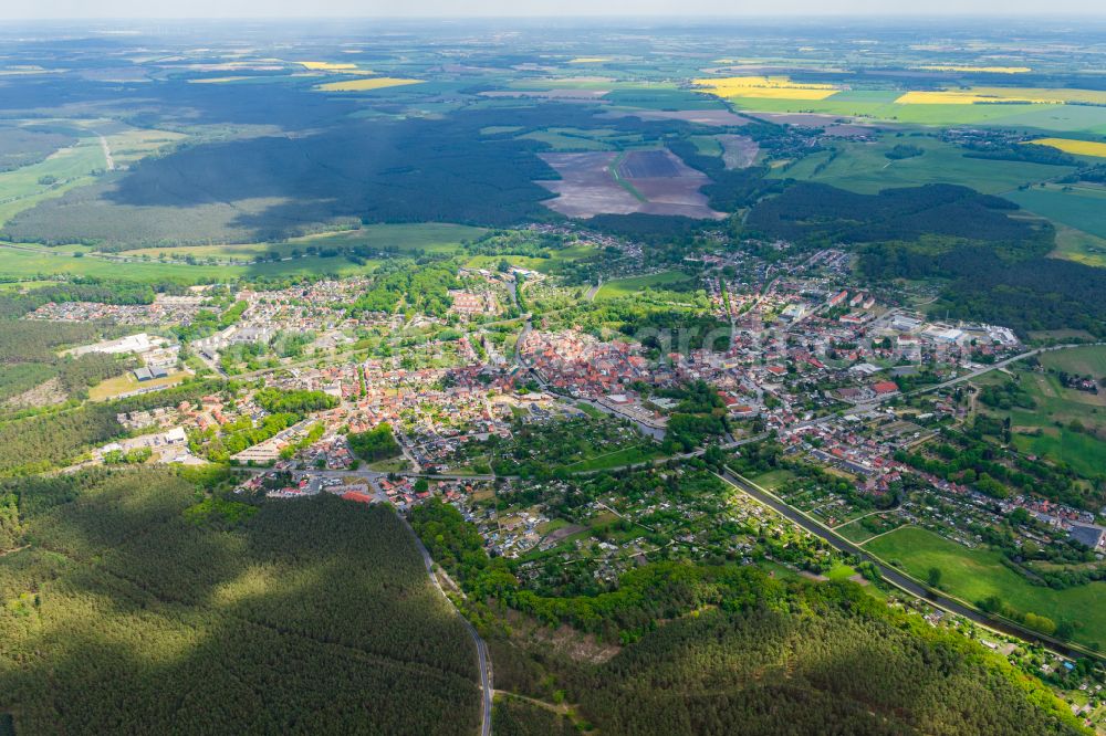 Grabow from above - Urban area with outskirts and inner city area on the edge of agricultural fields and arable land in Grabow in the state Mecklenburg - Western Pomerania, Germany