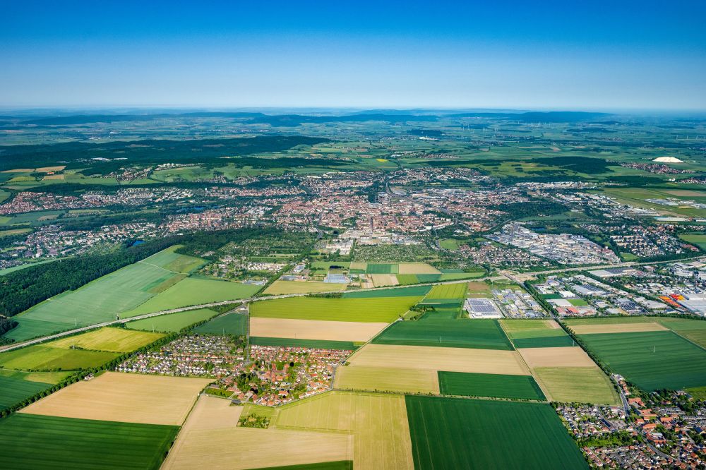 Aerial image Hildesheim - Urban area with outskirts and inner city area on the edge of agricultural fields and arable land in Hildesheim in the state Lower Saxony, Germany