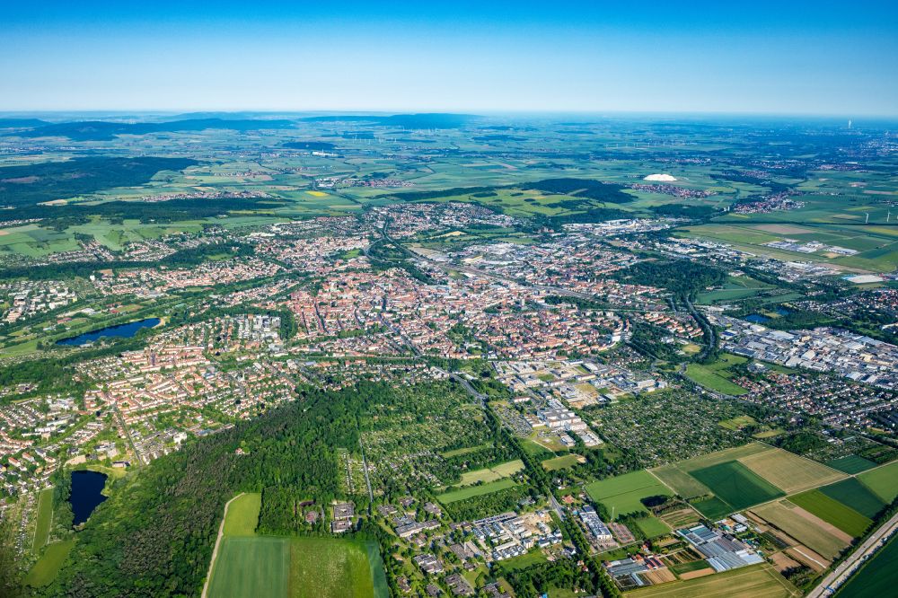 Hildesheim from above - Urban area with outskirts and inner city area on the edge of agricultural fields and arable land in Hildesheim in the state Lower Saxony, Germany