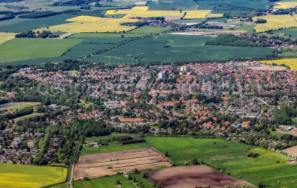 Oldenburg in Holstein from above - Urban area with outskirts and inner city area on the edge of agricultural fields and arable land in Oldenburg in Holstein in the state Schleswig-Holstein, Germany
