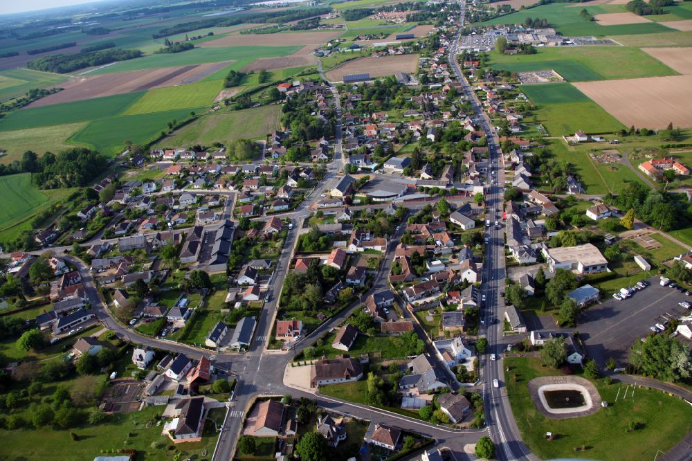 Saint-Pere-sur-Loire from above - Urban area with outskirts and inner city area on the edge of agricultural fields and arable land in Saint-Pere-sur-Loire in Centre-Val de Loire, France