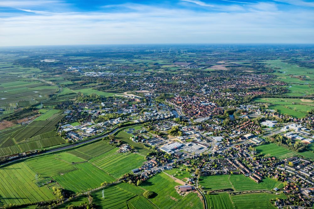 Stade from above - Urban area with outskirts and inner city area on the edge of agricultural fields and arable land in Stade in the state Lower Saxony, Germany