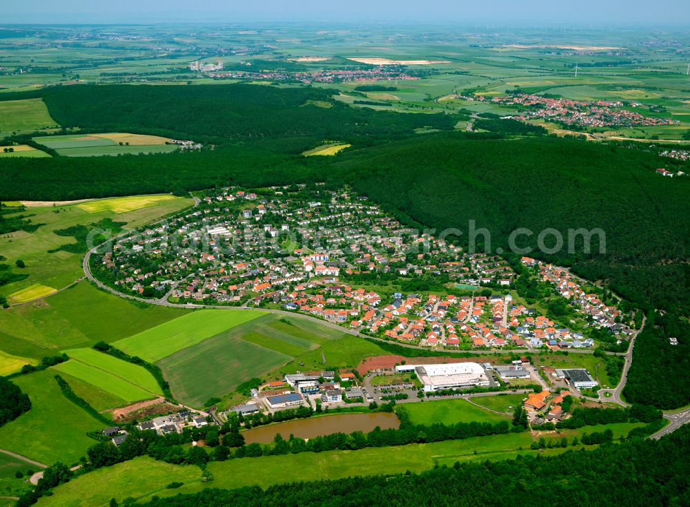 Steinborn from above - Urban area with outskirts and inner city area on the edge of agricultural fields and arable land in Steinborn in the state Rhineland-Palatinate, Germany