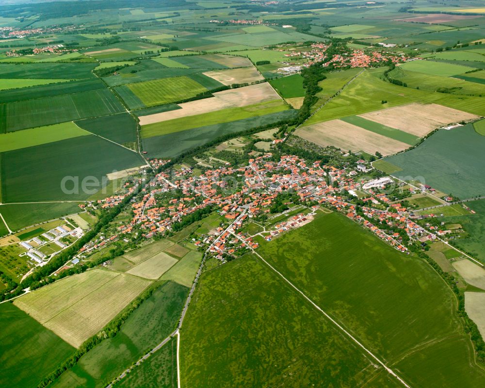 Veckenstedt from above - Urban area with outskirts and inner city area on the edge of agricultural fields and arable land in Veckenstedt in the state Saxony-Anhalt, Germany