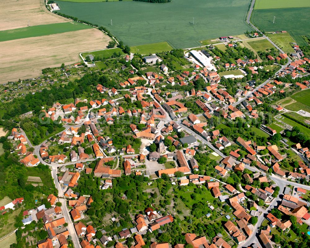 Aerial image Veckenstedt - Urban area with outskirts and inner city area on the edge of agricultural fields and arable land in Veckenstedt in the state Saxony-Anhalt, Germany