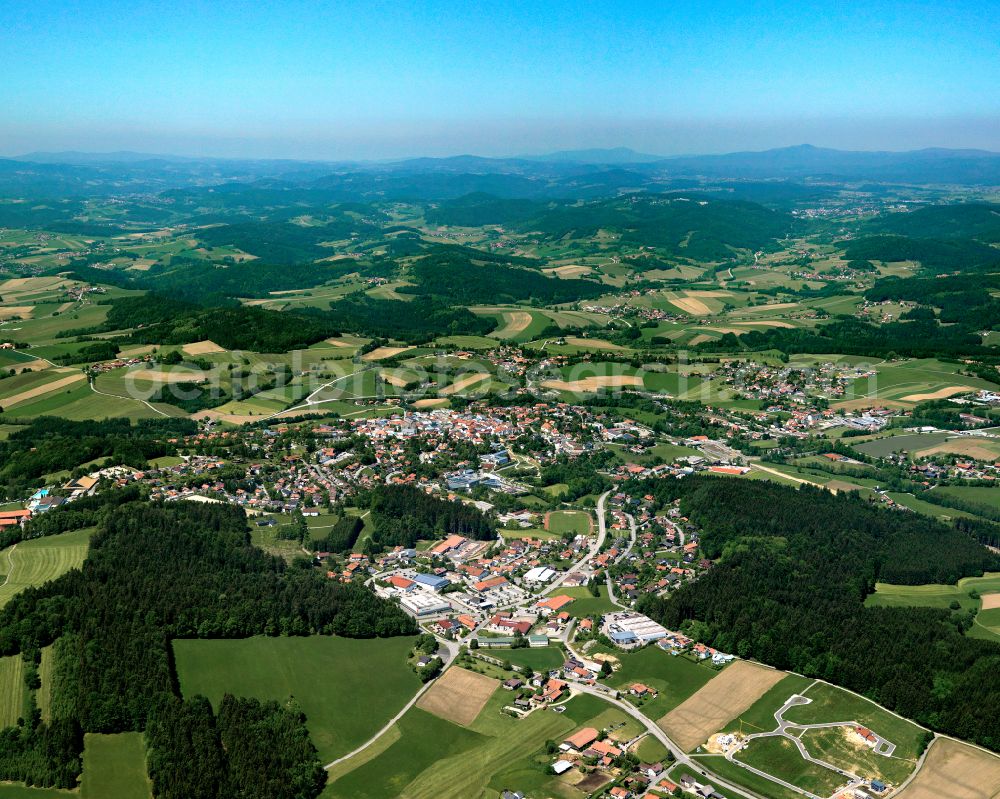 Waldkirchen from above - Urban area with outskirts and inner city area on the edge of agricultural fields and arable land in Waldkirchen in the state Bavaria, Germany