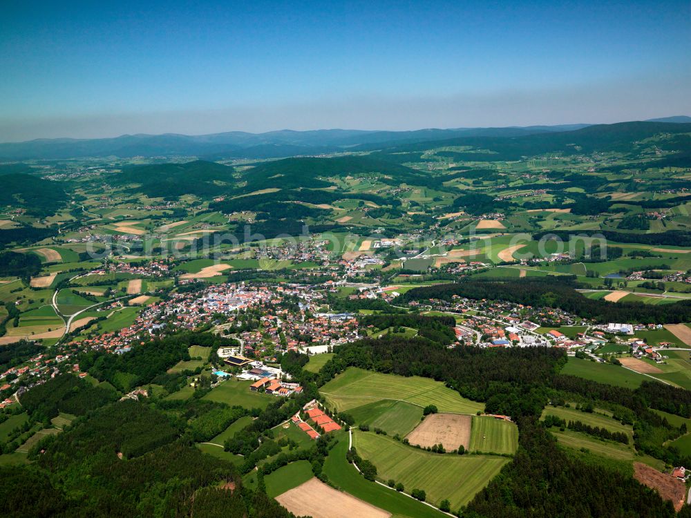 Waldkirchen from the bird's eye view: Urban area with outskirts and inner city area on the edge of agricultural fields and arable land in Waldkirchen in the state Bavaria, Germany