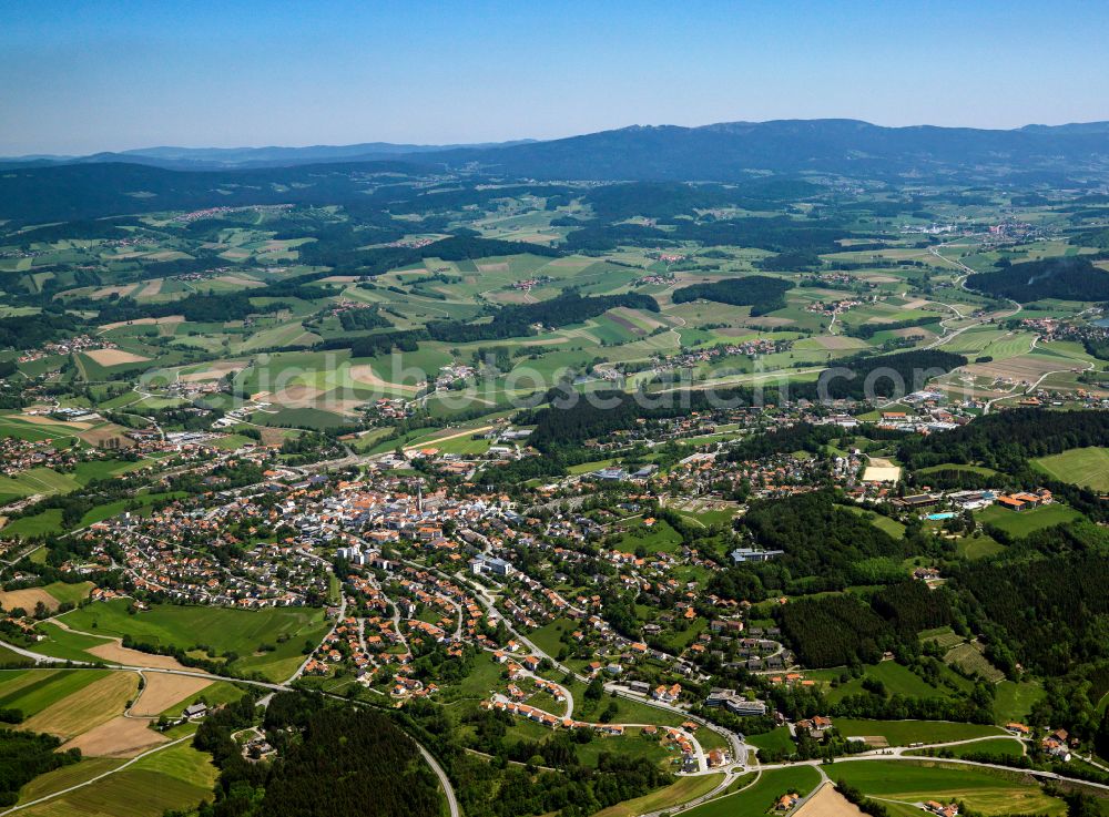 Aerial image Waldkirchen - Urban area with outskirts and inner city area on the edge of agricultural fields and arable land in Waldkirchen in the state Bavaria, Germany