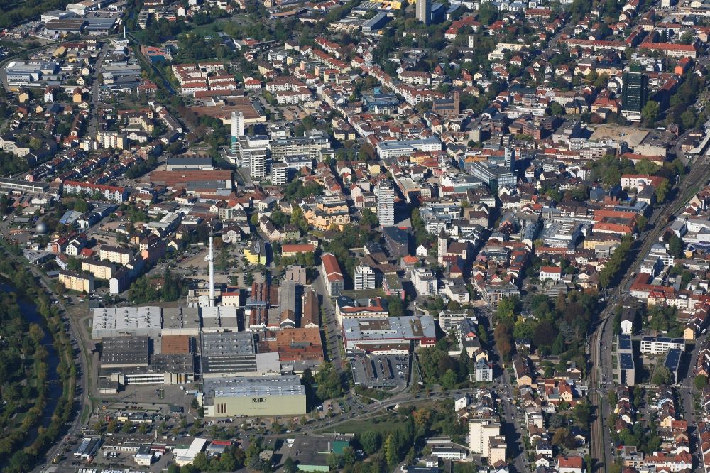Aerial photograph Lörrach - City area with inner city area and premises of textile manufacturer KBC in Loerrach in the state Baden-Wurttemberg, Germany
