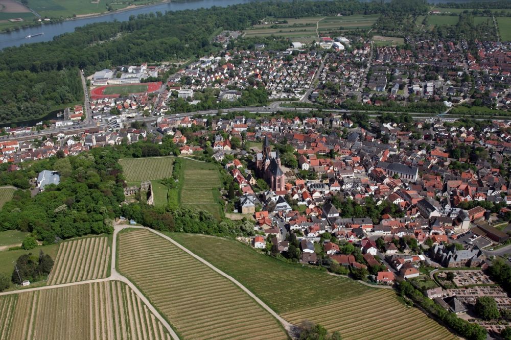 Oppenheim from above - City area of Oppenheim in the state Rhineland-Palatinate, Germany. In the middle of the picture the gothic St. Catherine's Church