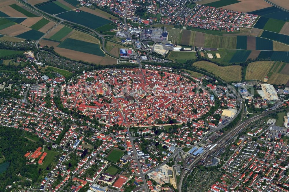 Nördlingen from the bird's eye view: Town center and the historical city center ring of Noerdlingen in Bavaria