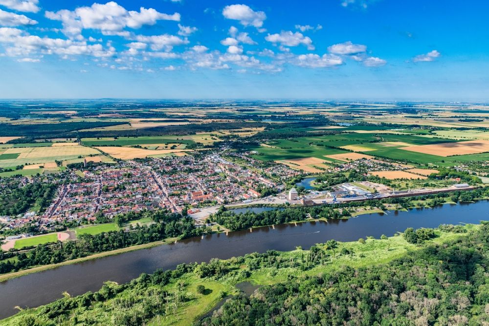Aken from above - City center on the banks of the Elbe - the course of the river in Aken in the state Saxony-Anhalt, Germany