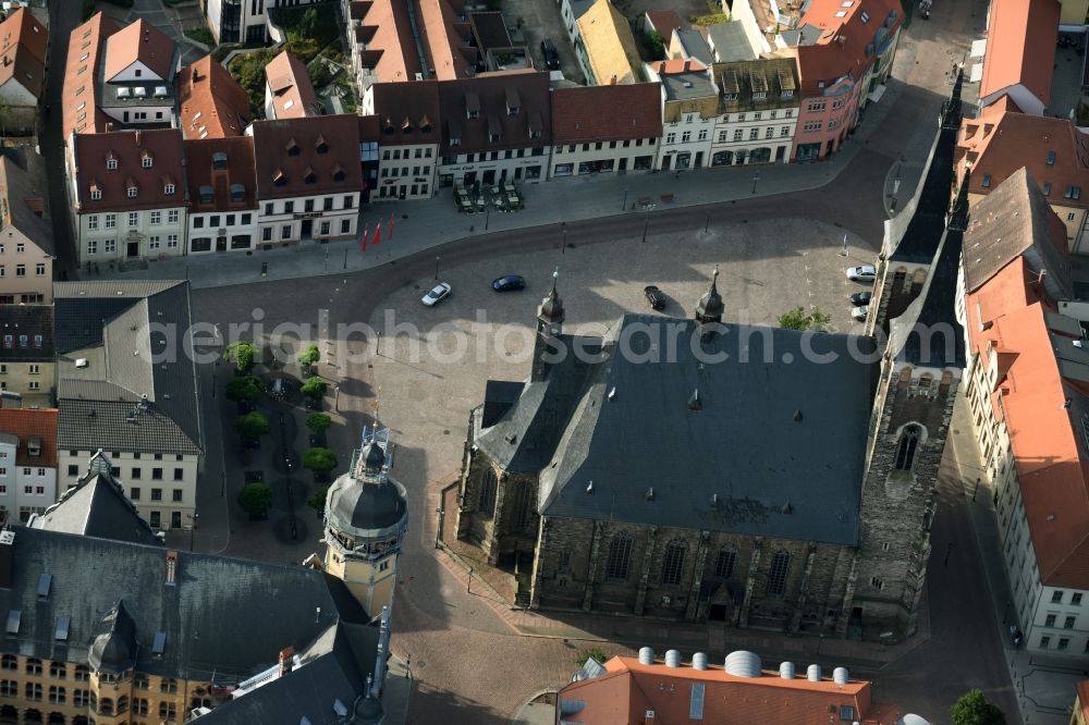 Köthen (Anhalt) from above - Church of Saint Jakob and town hall of Koethen (Anhalt) in the state of Saxony-Anhalt. A tower and parts of the town hall are scaffolded and being renovated
