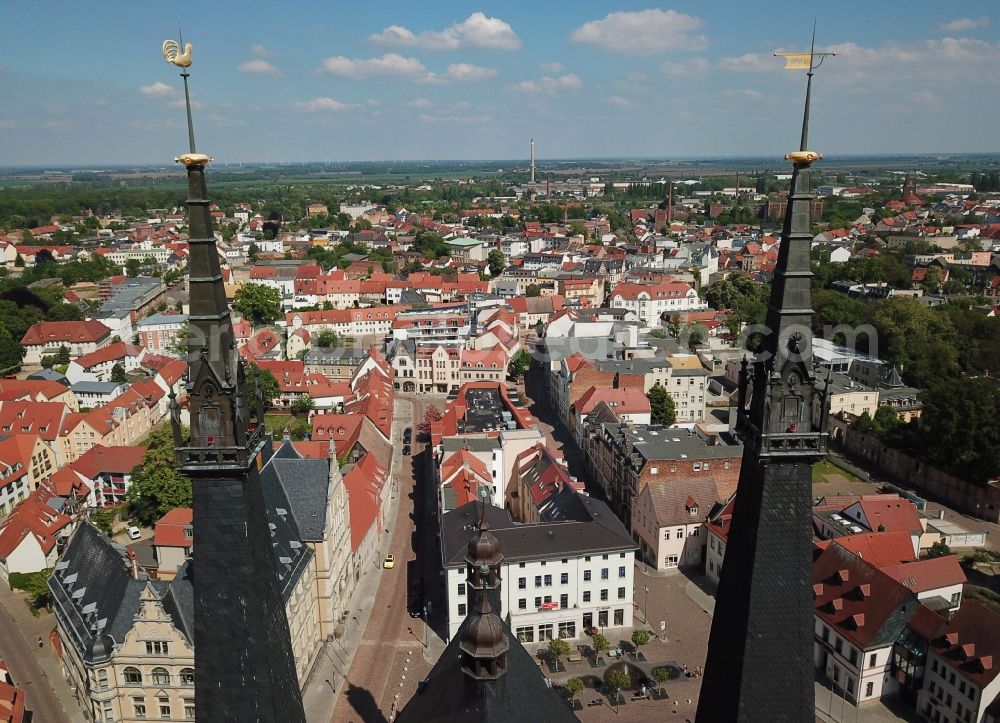 Aerial image Köthen (Anhalt) - Church of Saint Jakob and town hall of Koethen (Anhalt) in the state of Saxony-Anhalt. A tower and parts of the town hall are scaffolded and being renovated