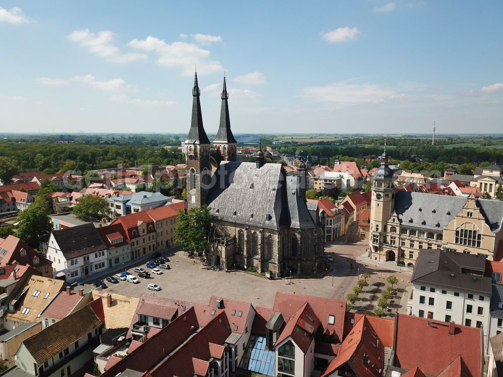 Köthen (Anhalt) from above - Church of Saint Jakob and town hall of Koethen (Anhalt) in the state of Saxony-Anhalt. A tower and parts of the town hall are scaffolded and being renovated