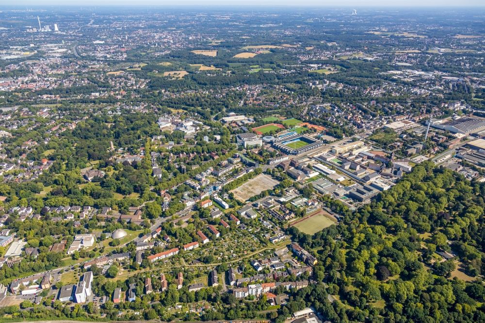 Bochum from the bird's eye view: Outskirts residential with sports facility grounds of the Arena stadium of the Vonovia Ruhrstadion former also called rewirpowerSTADION or Ruhrstadion on Castroper Strasse in Bochum in the state North Rhine-Westphalia, Germany