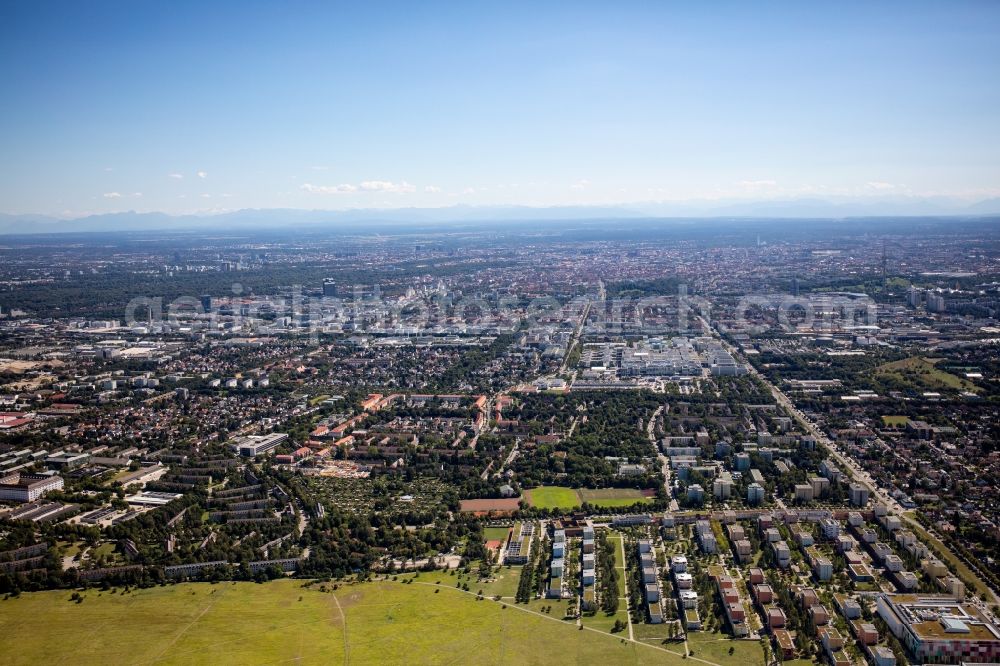 München from above - Outskirts residential Nordheide - Panzerwiese in the district Milbertshofen-Am Hart in Munich in the state Bavaria, Germany