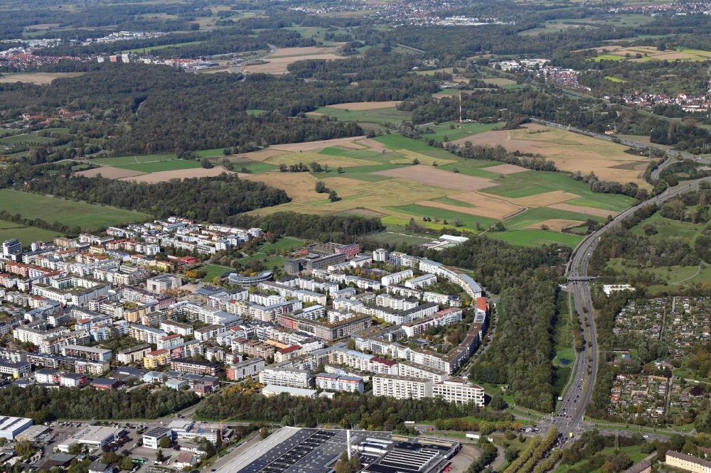 Aerial photograph Freiburg im Breisgau - Outskirts residential in the district Rieselfeld in Freiburg im Breisgau in the state Baden-Wuerttemberg, Germany