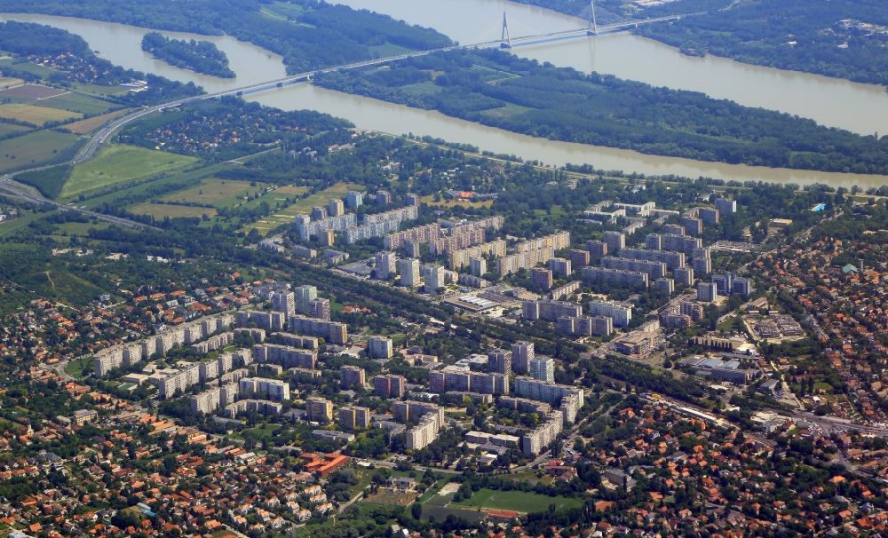 Aerial photograph Budapest - Outskirts residential area in the district Krottendorf at the Danube in the district III. keruelet in Budapest in Hungary. Many buildings made in modular circuit board design