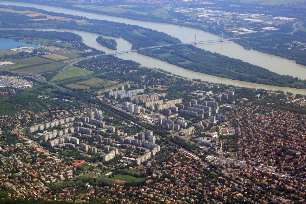 Budapest from above - Outskirts residential area in the district Krottendorf at the Danube in the district III. keruelet in Budapest in Hungary. Many buildings made in modular circuit board design