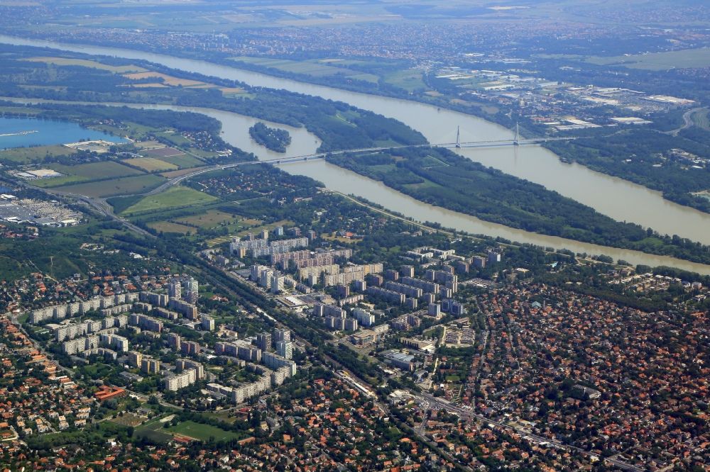 Budapest from the bird's eye view: Outskirts residential area in the district Krottendorf at the Danube in the district III. keruelet in Budapest in Hungary. Many buildings made in modular circuit board design