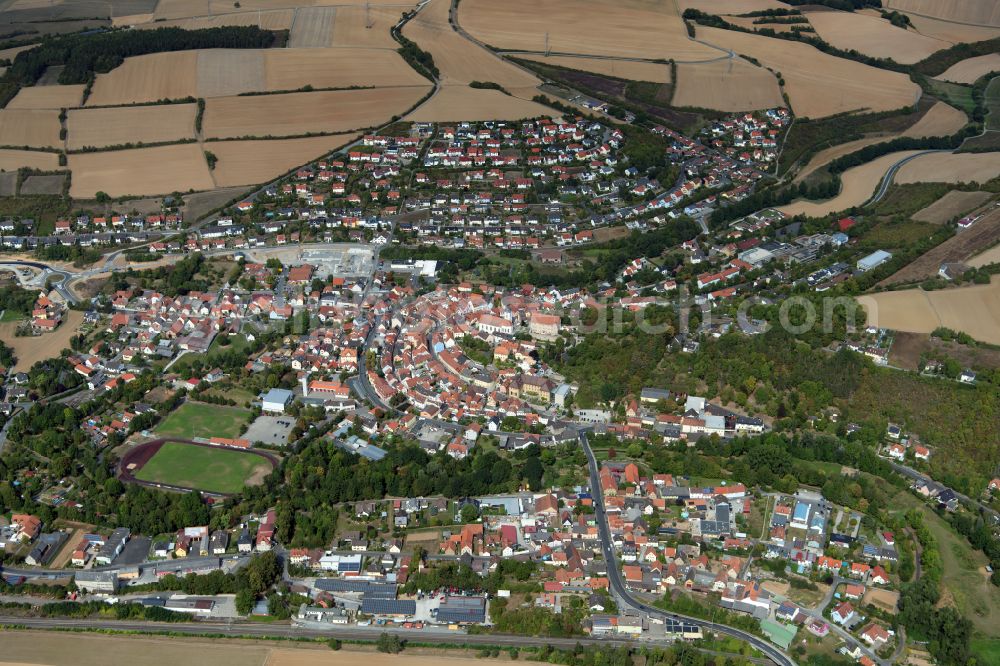 Aerial image Arnstein - City view from the outskirts with adjacent agricultural fields in Arnstein in the state Bavaria, Germany