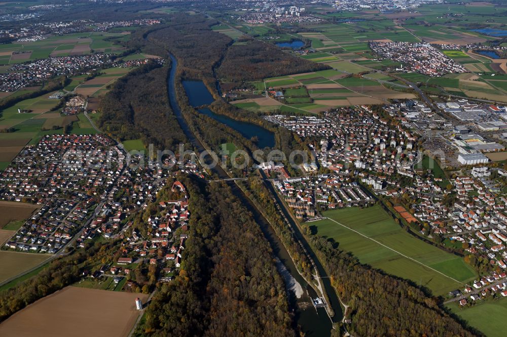 Ay from above - City view from the outskirts with adjacent agricultural fields in Ay in the state Bavaria, Germany