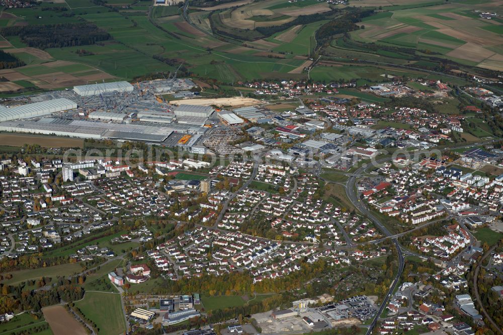 Berkach from above - City view from the outskirts with adjacent agricultural fields in Berkach in the state Baden-Wuerttemberg, Germany