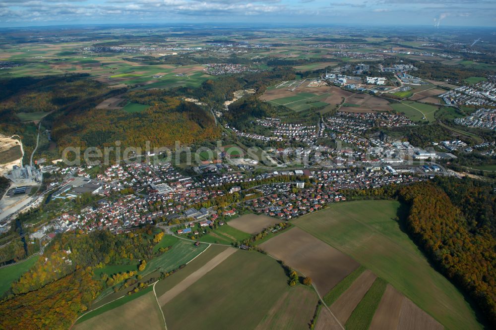Aerial photograph Blaustein - City view from the outskirts with adjacent agricultural fields in Blaustein in the state Baden-Wuerttemberg, Germany