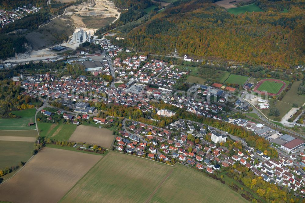 Blaustein from above - City view from the outskirts with adjacent agricultural fields in Blaustein in the state Baden-Wuerttemberg, Germany