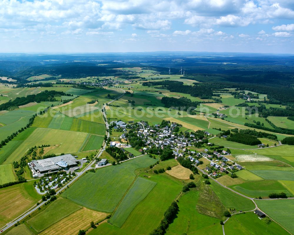 Carlsgrün from above - City view from the outskirts with adjacent agricultural fields in Carlsgrün in the state Bavaria, Germany
