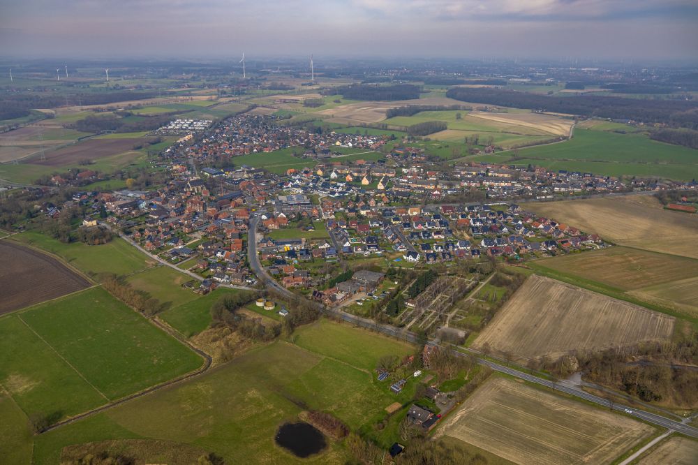 Dolberg from above - City view from the outskirts with adjacent agricultural fields in Dolberg in the state North Rhine-Westphalia, Germany