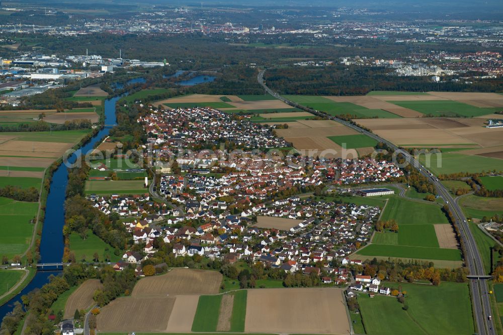 Aerial image Donaustetten - City view from the outskirts with adjacent agricultural fields in Donaustetten in the state Baden-Wuerttemberg, Germany