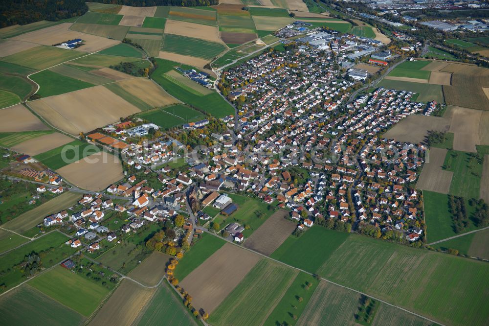 Einsingen from above - City view from the outskirts with adjacent agricultural fields in Einsingen in the state Baden-Wuerttemberg, Germany