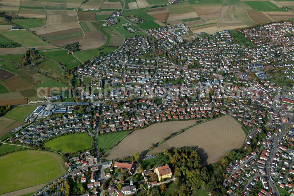 Erbach from above - City view from the outskirts with adjacent agricultural fields in Erbach in the state Baden-Wuerttemberg, Germany