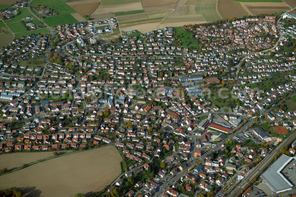 Erbach from the bird's eye view: City view from the outskirts with adjacent agricultural fields in Erbach in the state Baden-Wuerttemberg, Germany