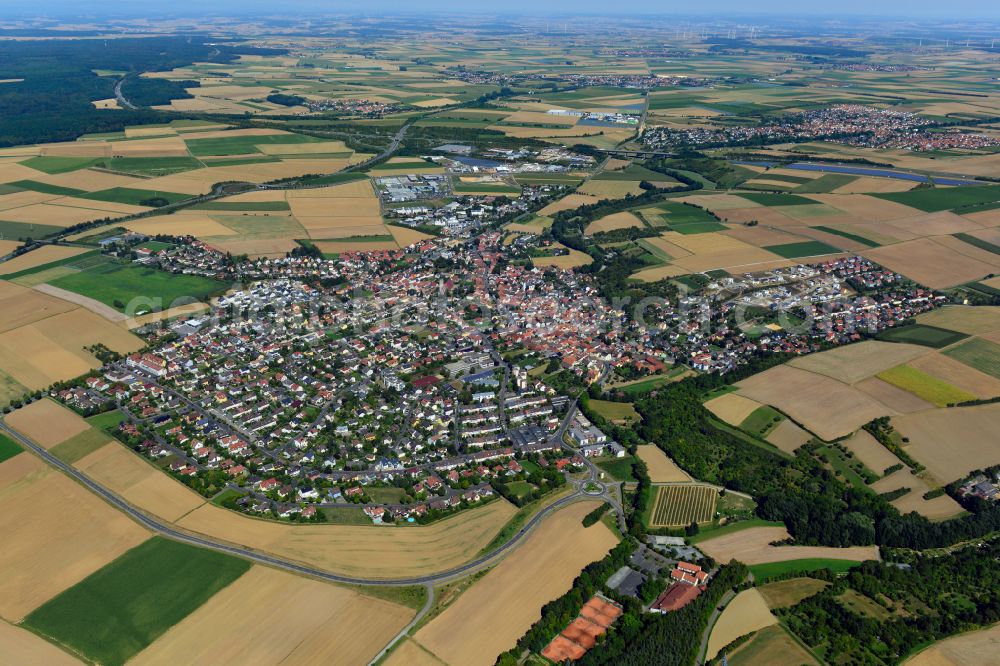 Aerial image Estenfeld - City view from the outskirts with adjacent agricultural fields in Estenfeld in the state Bavaria, Germany