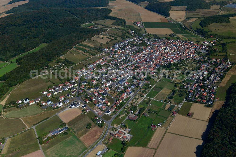Aerial image Greußenheim - City view from the outskirts with adjacent agricultural fields in Greußenheim in the state Bavaria, Germany