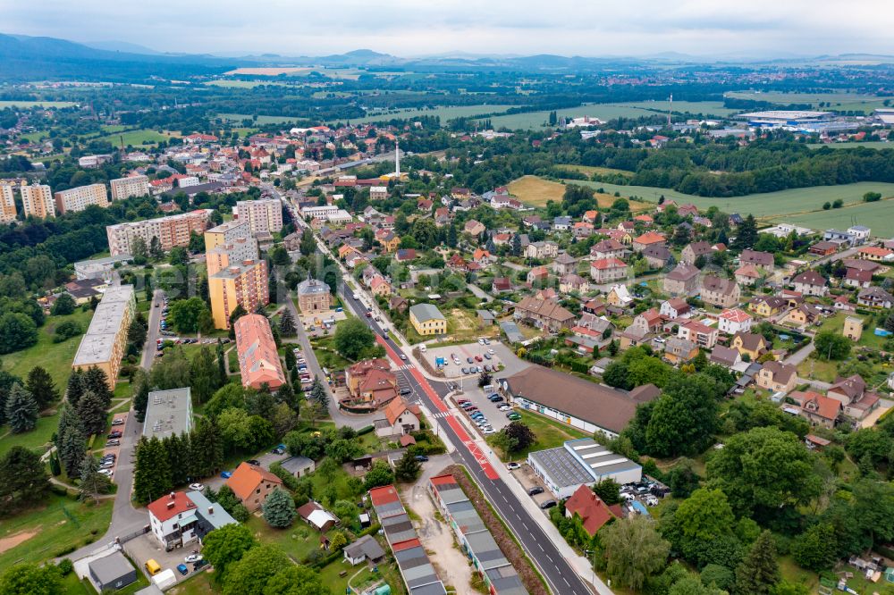 Grottau - Hradek nad Nisou from the bird's eye view: City view from the outskirts with adjacent agricultural fields in Grottau - Hradek nad Nisou in Libereck, Czech Republic