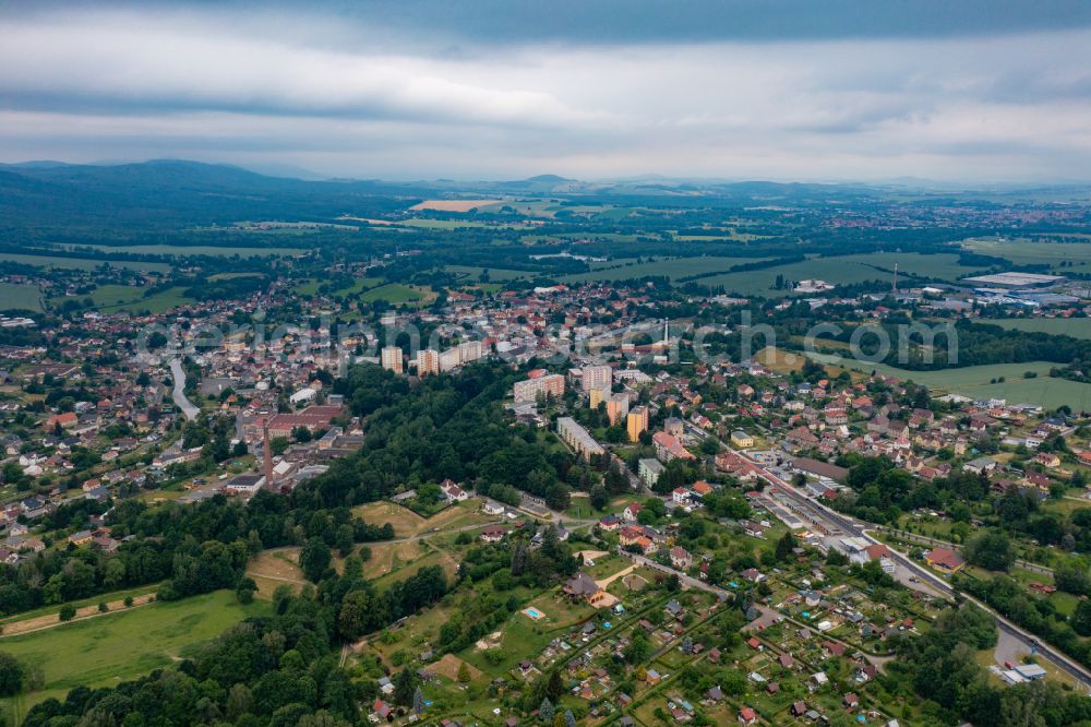Aerial image Grottau - Hradek nad Nisou - City view from the outskirts with adjacent agricultural fields in Grottau - Hradek nad Nisou in Libereck, Czech Republic
