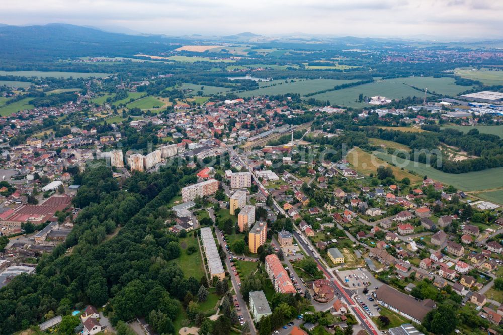 Aerial photograph Grottau - Hradek nad Nisou - City view from the outskirts with adjacent agricultural fields in Grottau - Hradek nad Nisou in Libereck, Czech Republic