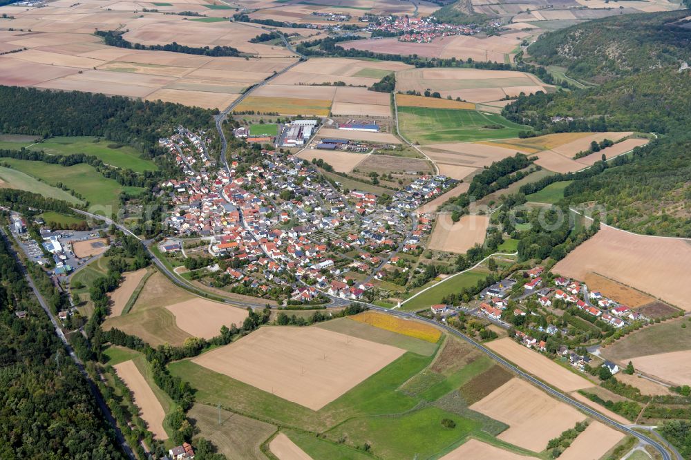 Aerial photograph Gössenheim - City view from the outskirts with adjacent agricultural fields in Goessenheim in the state Bavaria, Germany